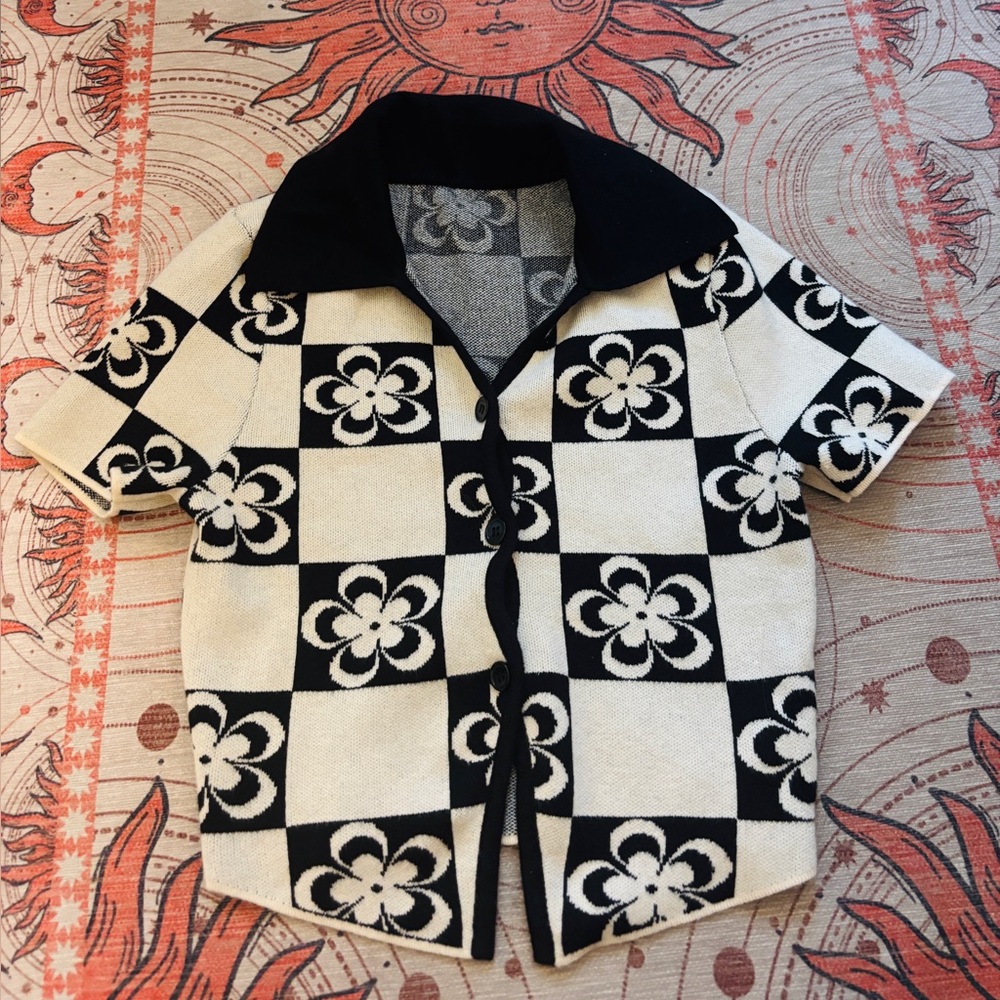 Retro Floral Checkered Cropped Sweater Button Shirt